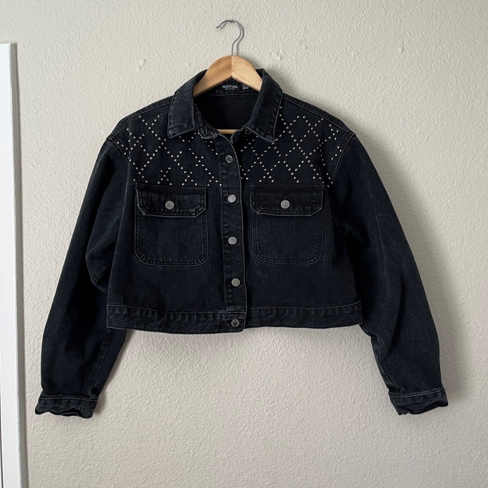 Nasty Gal Embellished Studded Black Denim Jacket Women 4 Cropped Button